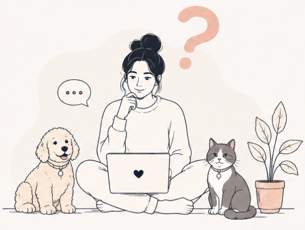 Woman with laptop, dog, and cat